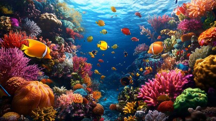 Naklejka premium A colorful coral reef with vibrant fish in the ocean