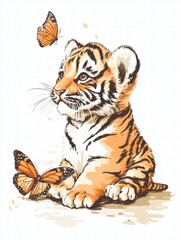 Obraz premium Playful tiger cub observing butterflies in a vibrant illustration capturing the beauty of nature and wildlife. Generative AI