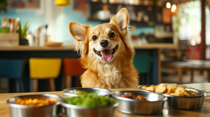 A photograph of a cheerful mixed-breed dog with golden fur sitting at a table with bowls of colorful food, including vegetables and treats, in a cozy caf&eacute;-like environment. Concept of pet dining.
