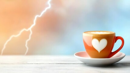 Lightning and Coffee concept. A cozy cup of coffee with a heart design on a stormy background.