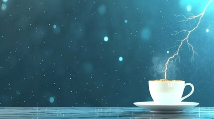 Lightning and Coffee concept. A steaming cup of coffee with lightning striking in a rainy atmosphere.