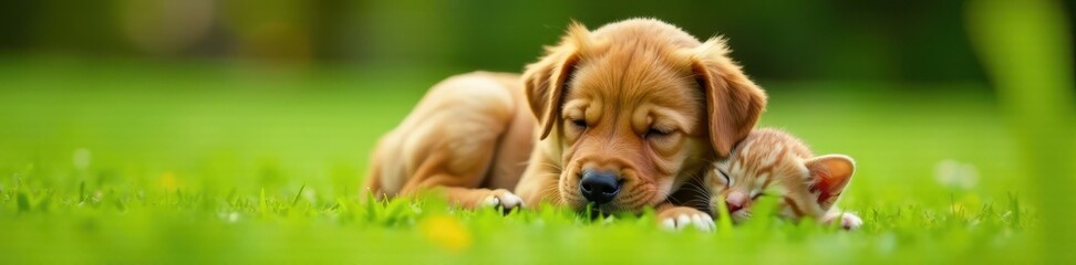 Fototapeta premium Gentle sleeping Bordeaux puppy cradles newborn kitten in a warm hug on soft green lawn, puppy, cuddling, bonded