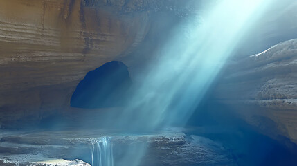 Mysterious cave interior bathed in ethereal light. A small waterfall cascades down textured stone. Ideal for fantasy, adventure, or spiritual themes. Perfect for backgrounds, websites, or print.