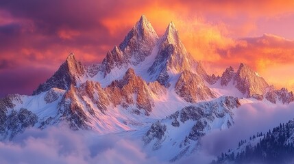 Obraz premium Majestic Sunset Over Snowy Mountain Peaks