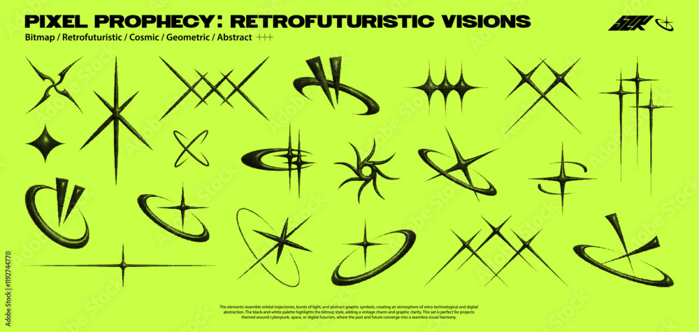 Poster Cyber gothic stars, retrofuturistic 3D chrome elements in Bitmap style. Y2K vector graphic shapes, futuristic design, digital cyber sigilism stars, halftone elements. 3D bitmap style. Vector graphic