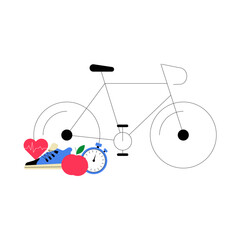Bicycle With Health And Fitness Symbols In Flat Vector Illustration Symbolizing Exercise, Healthy Lifestyle, And Cardiovascular Activity, Isolated On White Background