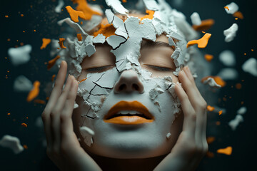  removing a cracked mask of a happy face