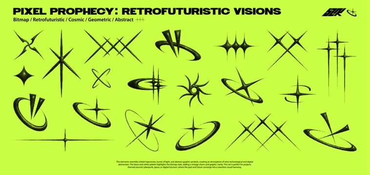 Cyber gothic stars, retrofuturistic 3D chrome elements in Bitmap style. Y2K vector graphic shapes, futuristic design, digital cyber sigilism stars, halftone elements. 3D bitmap style. Vector graphic