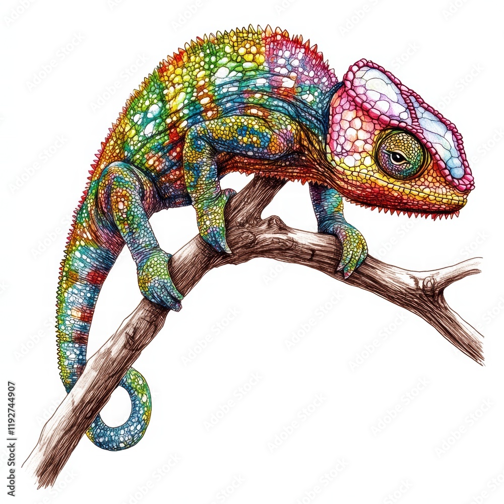 Poster colorful chameleon perched on a branch in a vibrant and lively illustration highlighting its unique 