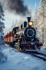 vertical image retro steam locomotive rides through a snowy winter forest