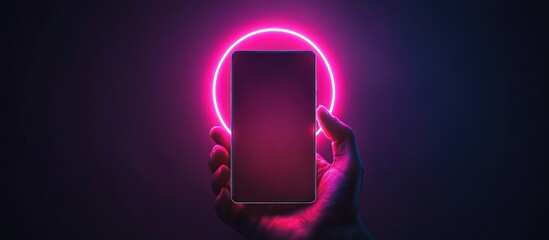 Hand holding phone, neon glow, dark background, app promo