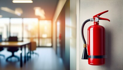 Generated image Fire extinguisher hanging on an office wall, safety measures at work. Fire emergency,