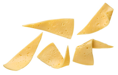Cheese sliced flying, set on background. Isolated