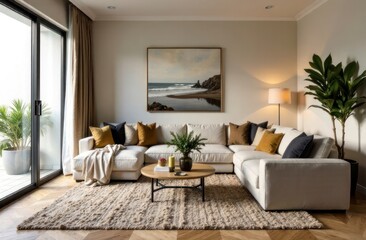 a modern and stylish living space that combines a living room and a kitchen or dining area.