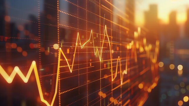 A glowing stock market chart against a blurred city backdrop.