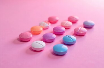 an assortment of vibrant pills and capsules on a pink surface