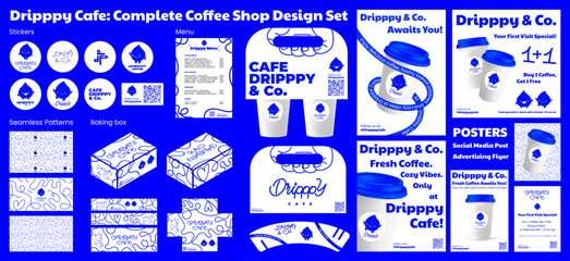 Coffee shop branding with design elements - coffee carrier, logo, posters, flyers, zarf, takeaway box, menu and more. Visual identity in a modern style for a coffee shop, cafe. Branding, graphic pack