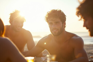 Friends Enjoy a Sunny Picnic at the Beach During Golden Hour