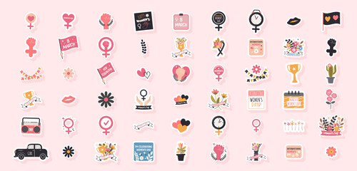 International Womens Day. Large set of stickers March 8.
