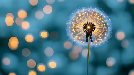 Fototapeta premium Illuminated Dandelion Seed Head Against A Blurred Background