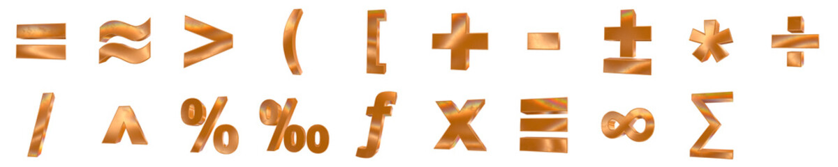 Obraz premium Set of 3d basic math symbols shapes with golden and rainbow effects isolated on a transparent background. 3d math elements for graphic design.