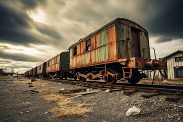 Fototapeta premium Old rusty train wagons standing on a railway track under a dramatic sky, evoking a sense of decay and abandonment
