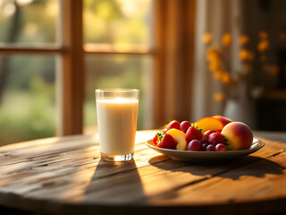 Healthy Breakfast Milk and Fresh Fruit in Morning Sunlight