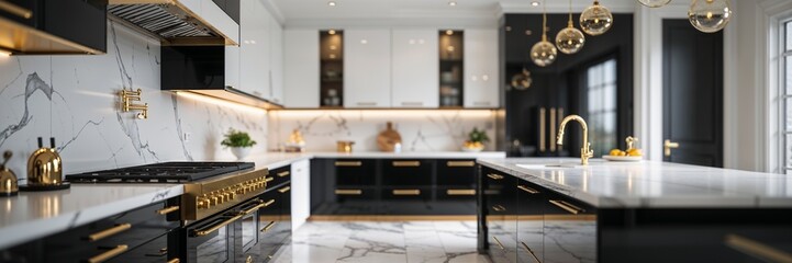 A contemporary, chic kitchen featuring stylish black and white cabinets, golden fixtures, and marble tiles