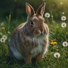 Fototapeta premium rabbit in a meadow on grass.A bunny holding an Easter egg in a meadow filled with daisies.