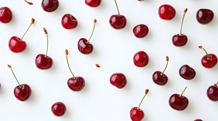 Red cherries scattered on a white background