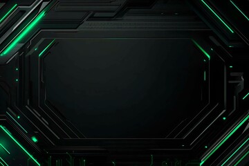 Abstract black background with green accents, futuristic design elements, and geometric patterns, perfect for technology and gaming themes.
