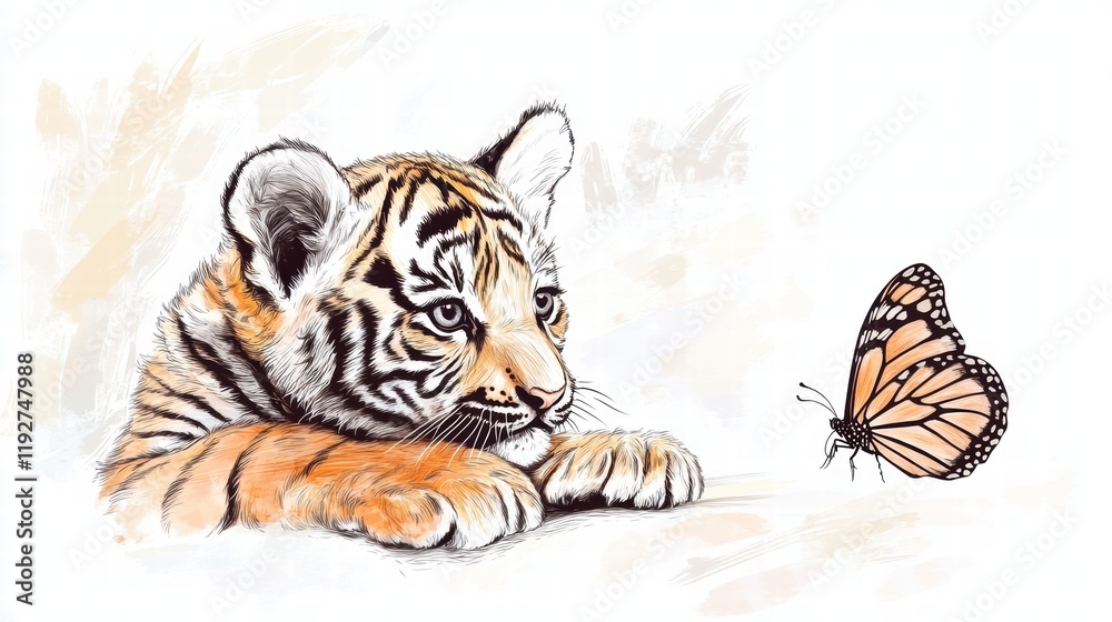 Aufkleber curious tiger cub observing a butterfly in a serene natural setting during a sunny day. generative a