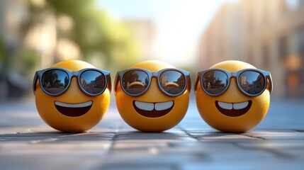 Bright and Cheerful Emoji Faces with Sunglasses Displaying Happiness on a Sunny Street with a Blurred Background Perfect for Fun and Joyful Themes