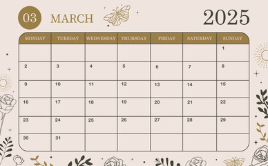 2025 table monthly calendar week start on Sunday with boho style that use for horizontal digital and printable A4 A5 size