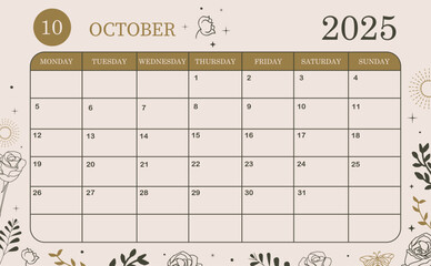 2025 table monthly calendar week start on Sunday with boho style that use for horizontal digital and printable A4 A5 size