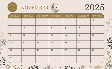 2025 table monthly calendar week start on Sunday with boho style that use for horizontal digital and printable A4 A5 size
