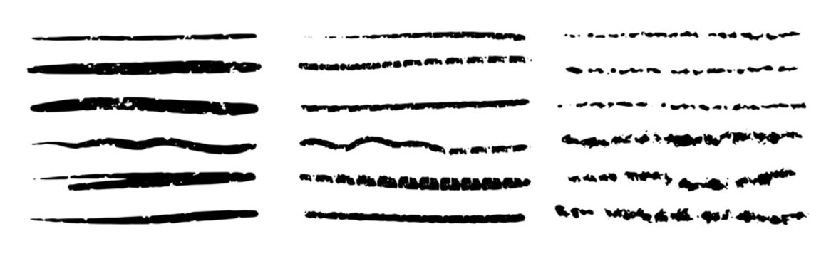  halk lines, pencil underlines, crayon stroke by pen, brush scribbles. Vector black charcoal hand drawn sketch elements.