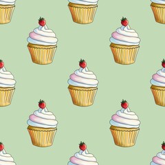 Fresh Strawberry Cupcakes Seamless Pattern on Pastel Green Background