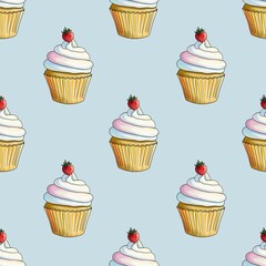 Fresh Strawberry Cupcakes Seamless Pattern on Pastel Blue Background
