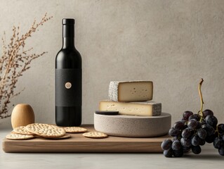 Naklejka premium Modern packaging display for plant-based cheeses, styled with crackers, grapes, and a minimalist background