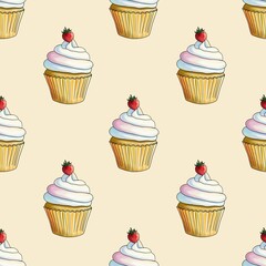 Fresh Strawberry Cupcakes on Pastel Yellow Background
