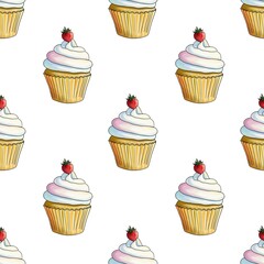 Fresh Strawberry Cupcakes Seamless Pattern on White Background