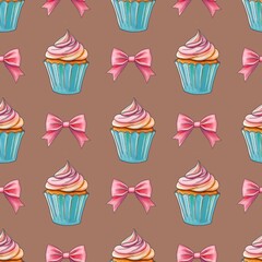 Fresh Sweet Cupcakes with Pink Bow on Mocha Mousse Background