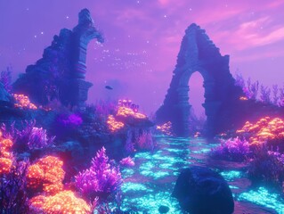 Mystical underwater realm featuring glowing coral structures, bio-luminescent creatures, and ancient ruins