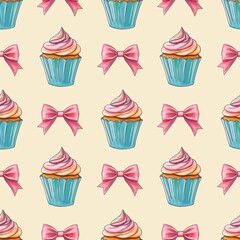 Fresh Sweet Cupcakes with Pink Bow Seamless Pattern on Pastel Yellow Background