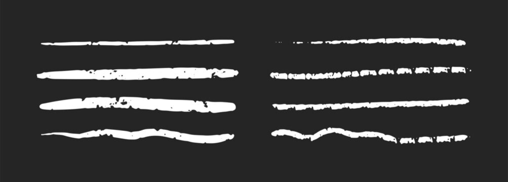  halk lines, pencil underlines, crayon stroke by pen, brush scribbles. Vector white charcoal hand drawn sketch elements on black background