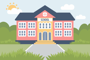 School building on the background of summer landscape. Flat style illustration.