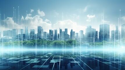Illustration of the city of the future in blue, white and green colors. Eco city with smart technologies concept
