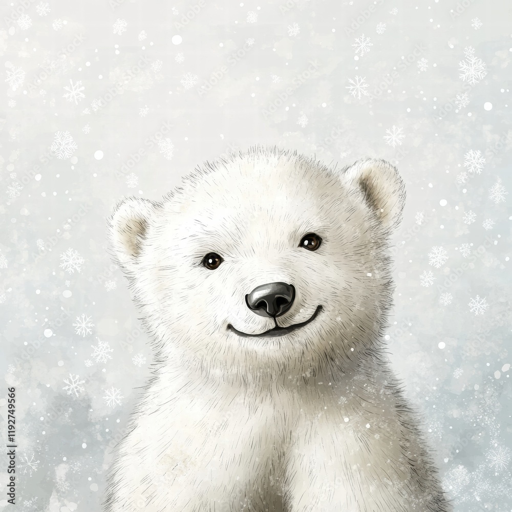 Aufkleber Cute polar bear cub playing in the snow on a chilly winter day with falling snowflakes surrounding. Generative AI