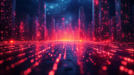 Fototapeta premium Digital city grid glowing with neon lights on reflective ground, futuristic concept
